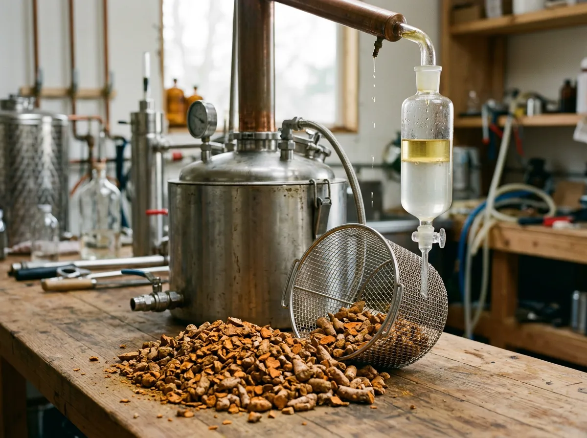 Coarsely chipped dried turmeric rhizome beside a charged still